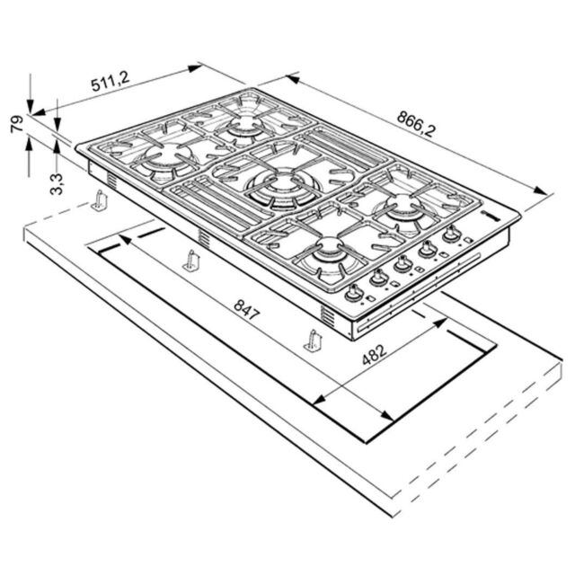 Smeg PGF95-4 , 90cm Stainless Steel Classic 5 Burner Ultra Low Profile Gas Hob 